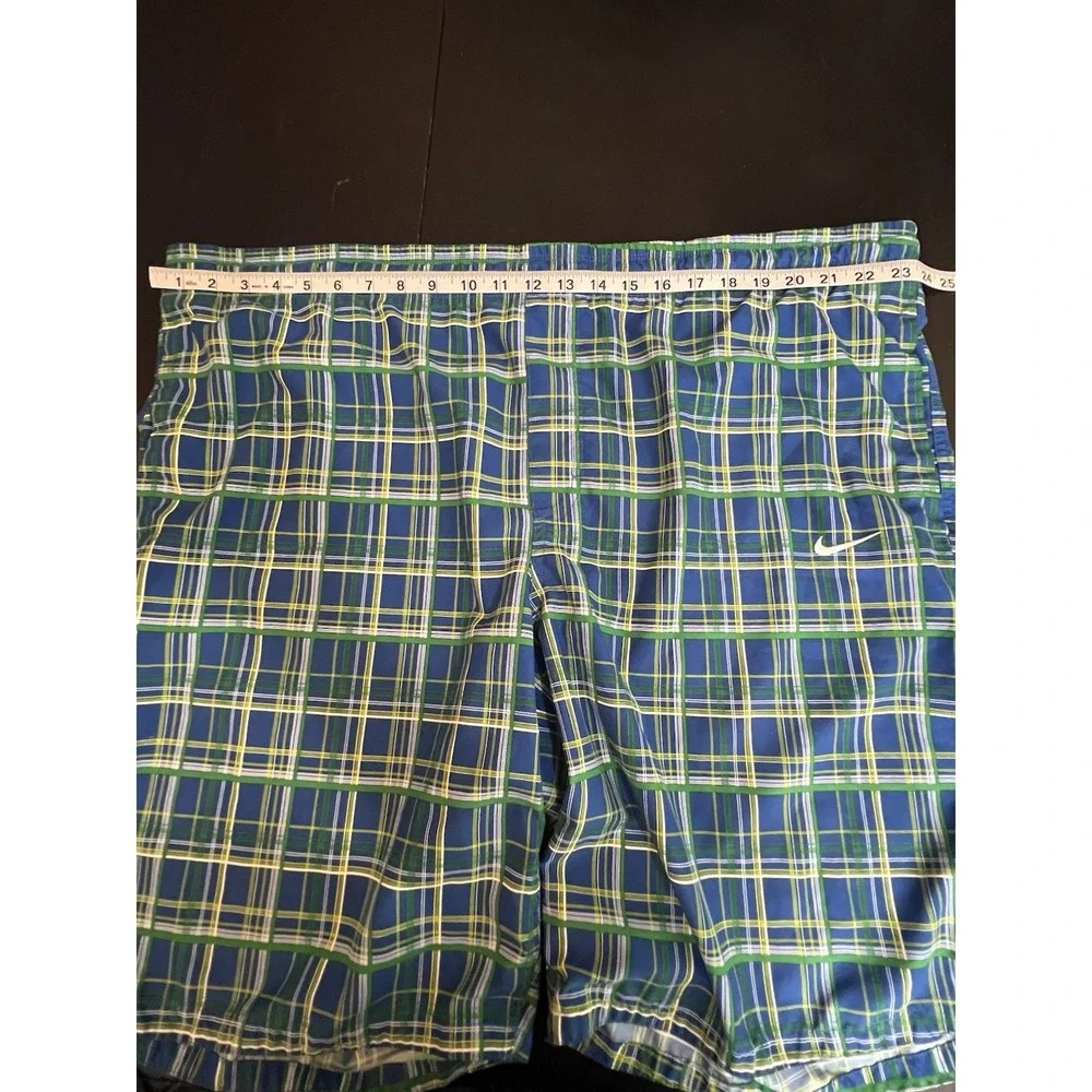 Nike Swoosh‎ Board Shorts Swim Trunks Mens Size XXL Plaid Blue Green Drawstring